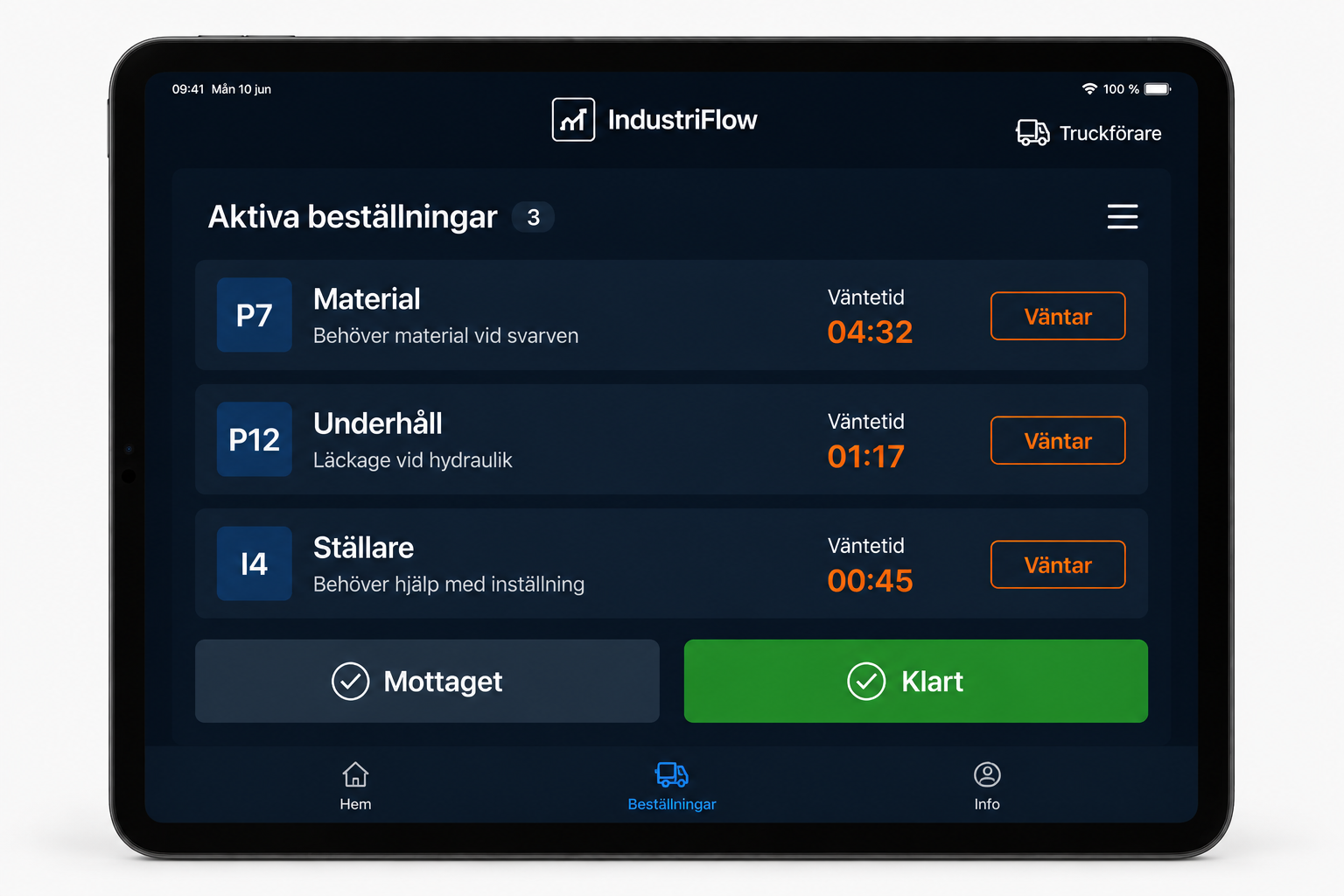 Truckpaddan visar aktiva beställningar med väntetid och status